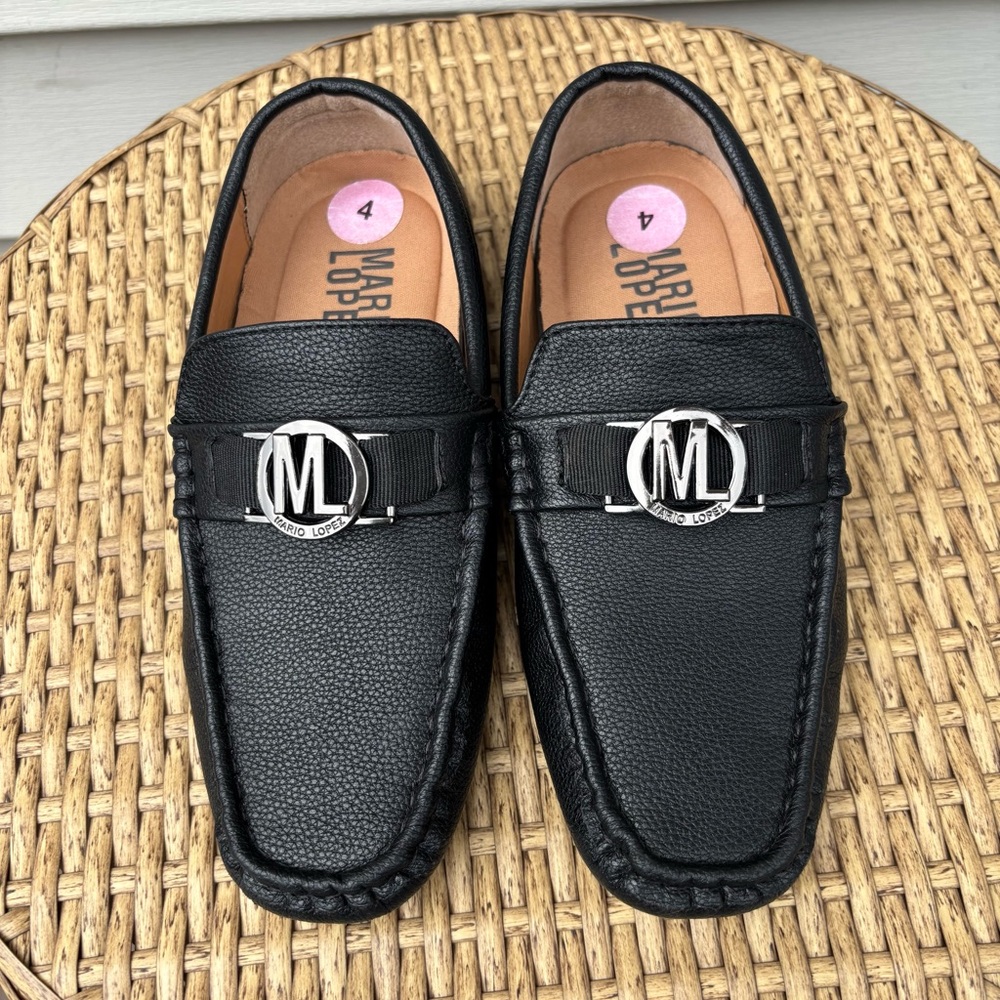 Mario Lopez Black Faux Leather Slip-On Loafers with Metallic Accent. Boys Size 4